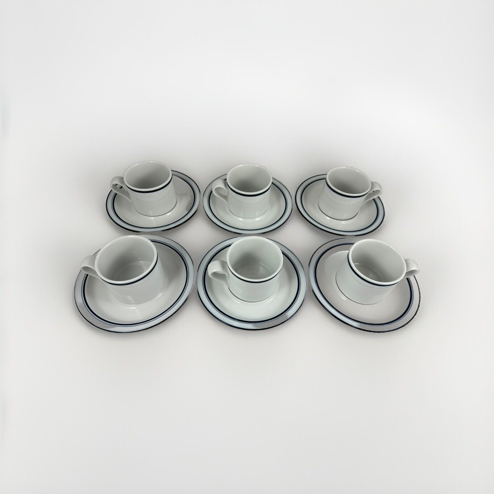 Dansk Bistro Mugs Blue & White Saucers Portugal Set Of 6